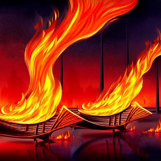 Image similar to in the lower part of the picture is the harp burning in the fire, above are cranes flying in flames, digital painting, concept art