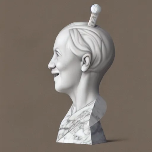 Prompt: a smiling model of a white marble human head holding a coctail, digital illustration, in the style of skeeva, 3 d render, above the waist