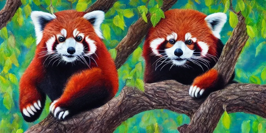 Prompt: a red panda with rainbow colored fur sitting in a tree, realistic painting