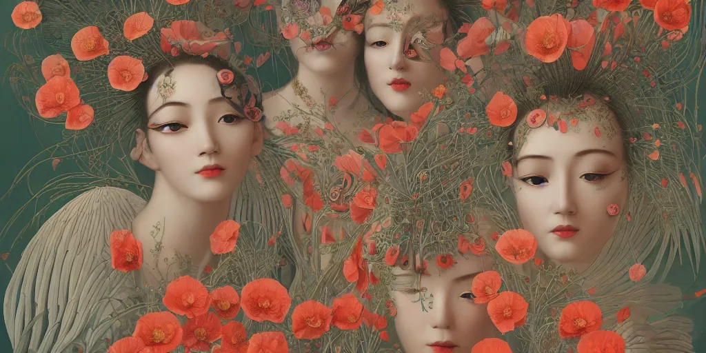 Image similar to breathtaking detailed concept art painting art deco pattern of faces goddesses of poppy flowers with anxious piercing eyes and blend of flowers and birds, by hsiao - ron cheng and john james audubon, bizarre compositions, exquisite detail, extremely moody lighting, 8 k