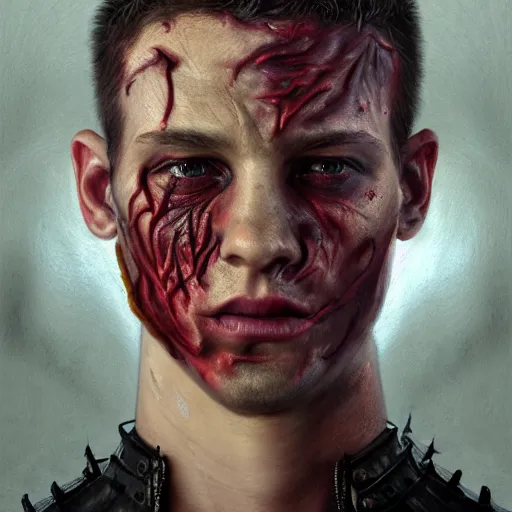 Image similar to portrait painting of a bitter young man with severe burn scars on his face and poorly cut very short hair wearing tattered leather armor, ultra realistic, concept art, intricate details, eerie, highly detailed, photorealistic, octane render, 8 k, unreal engine. art by artgerm and greg rutkowski and charlie bowater and magali villeneuve and alphonse mucha