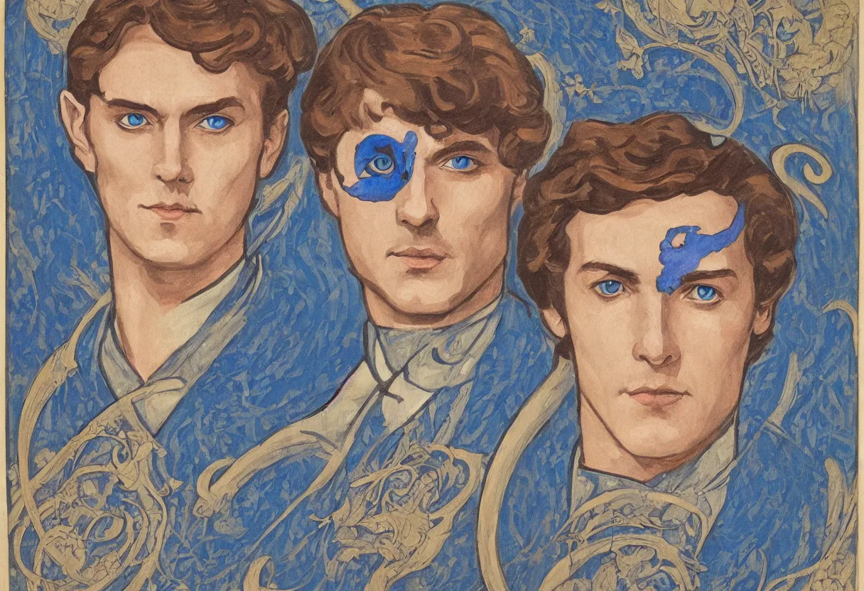 Image similar to art nouveau portrait of paul atreides with glowing blue eyes