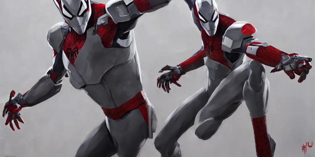 Image similar to greg manchess portrait painting of armored spiderman ultraman grey fox from metal gear cyborg japanese - american hybrid as overwatch character, medium shot, asymmetrical, organic painting, sunny day, matte painting, bold shapes, hard edges, street art, trending on artstation, by huang guangjian and ail elvgren and sachin teng