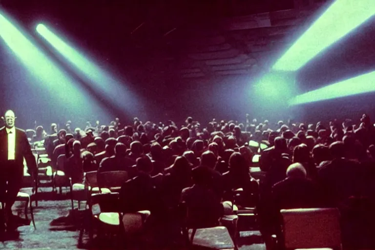 Image similar to a dark conference hall, people cheering at the man on stage, atmospheric and obscure, red neon light, by roger deakins, cinematography, syd mead, dave mckean