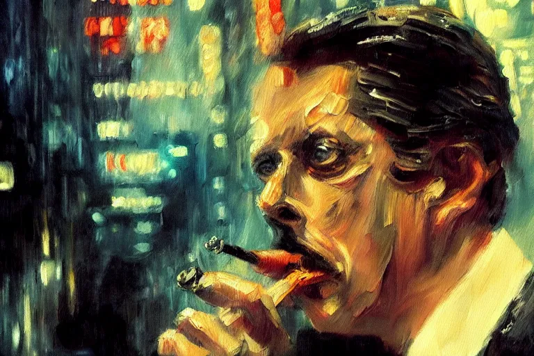 Image similar to expressive detailed impressionistic oil painting of film still of steve buscemi smoking a cigarette in blade runner, 4 k