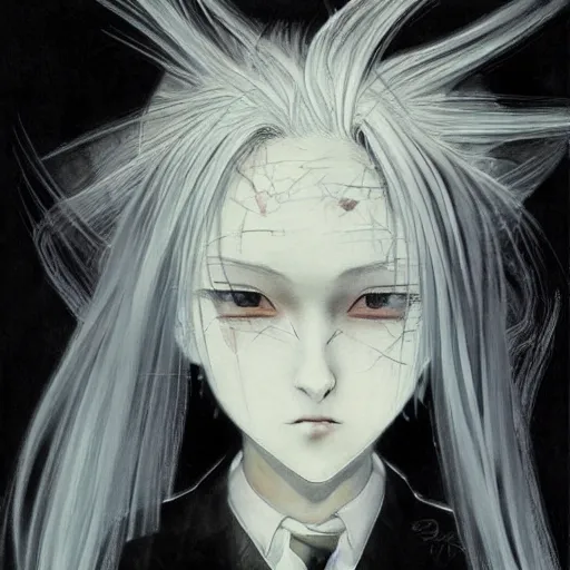 Image similar to Yoshitaka Amano realistic illustration of an anime girl with white hair and cracks on her face wearing dress suit with tie fluttering in the wind, abstract black and white patterns on the background, noisy film grain effect, highly detailed, Renaissance oil painting, weird portrait angle