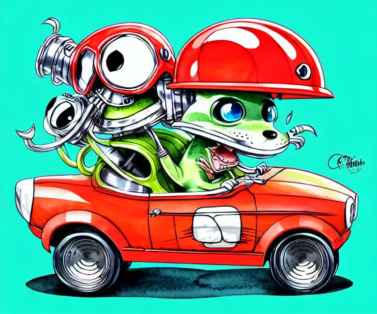 Image similar to cute and funny, margay wearing a helmet driving a tiny hot rod with an oversized engine, ratfink style by ed roth, centered award winning watercolor pen illustration, isometric illustration by chihiro iwasaki, edited by craola, tiny details by artgerm and watercolor girl, symmetrically isometrically centered