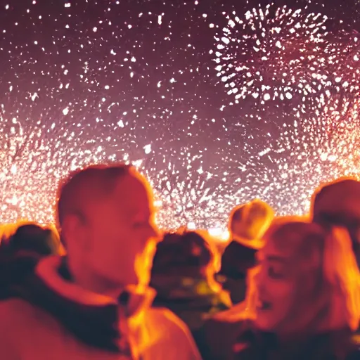 Prompt: people celebrating new year in Mars, hologram countdown in the sky, bokeh, 35mm