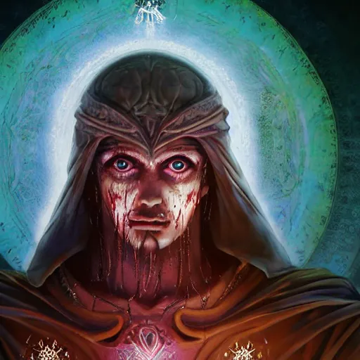 Image similar to 4K headshot portrait of godlike Warlock of Nazareth with defined arms and open hands and bloody clothes with giant mandala wings , intricate face , flawless anime cel animation by Kentaro Miura, psychedelic , highly detailed upper body , professionally post-processed , beautiful, scary, symmetry accurate features, epic, octane rendered, anime masterpiece, accurate by Craig Mullins, ilya kuvshinov, krenz cushart, epic , artgerm trending on artstation by Edward Hopper and Dan Mumford and WLOP and Rutkovsky, beksinski carl spitzweg moebius and tuomas kocar, intricate artwork by caravaggio, Unreal Engine 5, Lumen, Nanite