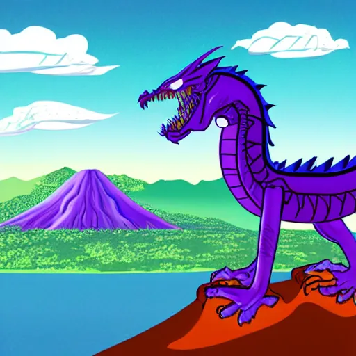 Image similar to a purple dragon fighting a retro spaceship with a volcano in the background