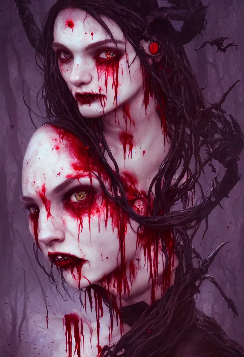 Image similar to beautiful very extreme closeup portrait, one face, bloody face, vampire girl, much blood, medieval dress. witch, makeup. unreal engine, greg rutkowski, loish, rhads, beeple, tom bagshaw, alphonse mucha, global illumination, detailed and intricate environment