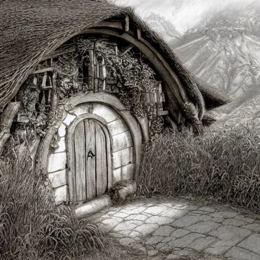 Image similar to beautiful serene hobbiton, by alan lee, lord of the rings, smooth, detailed terrain, pencil style, concept art, trending on art station.