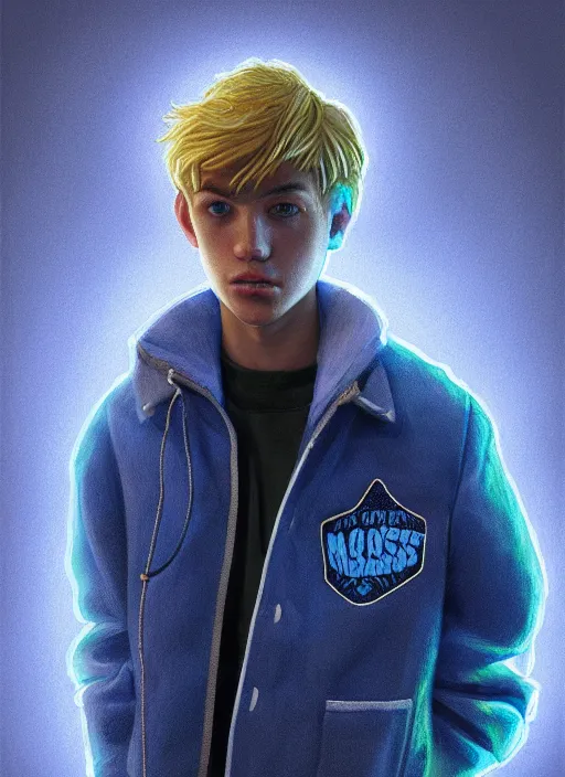 Image similar to portrait of high school senior boy named big moose, blonde short hair, jock, beefy, wide face, square jaw, square facial structure, blue varsity jacket with his name, intricate, elegant, glowing lights, highly detailed, digital painting, artstation, concept art, sharp focus, illustration, art by wlop, mars ravelo and greg rutkowski