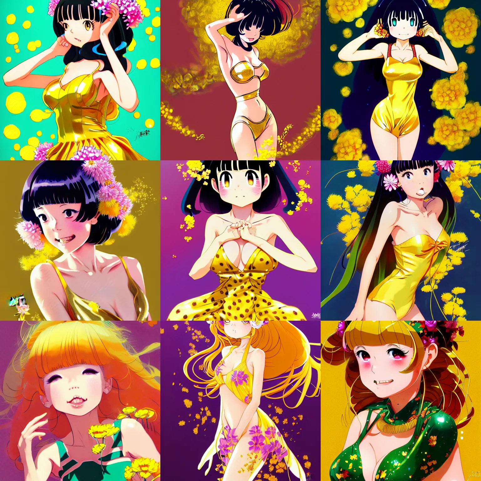 Prompt: lum invander in gold dress, flower explosion, urusei yatsura, portrait rumiko takahashi, shinkai makoto studio ghibli studio key hideaki anno sakimichan stanley artgerm lau rossdraws james jean marc simonetti elegant highly detailed digital painting artstation pixiv