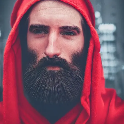 Image similar to a man with a long black beard in a red robe, portrait, realism, cyberpunk, manly beard