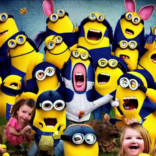 Prompt: A realistic portrait photo with a mix of minions and raving rabbits, hyper realistic, 8K HDR.
