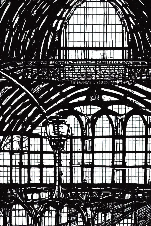 Prompt: a beautiful linocut print on paper of gare du nord interior, london, 8 k, frostbite 3 engine, cryengine, dof, trending on artstation, digital art, crepuscular ray, by gail brodholt