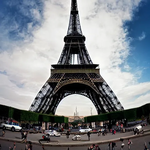 Prompt: extreme wide angle photograph of the eiffel tower by murad osmann,