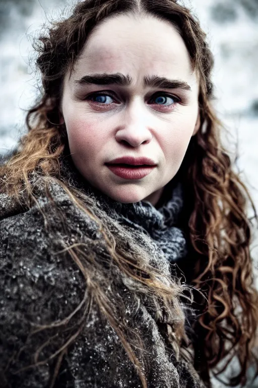 Image similar to Photo of Native Russian woman Emilia Clarke, portrait, skilled homeless, realistic, detailed, Emilia Clarke, photorealistick, Sony A7R