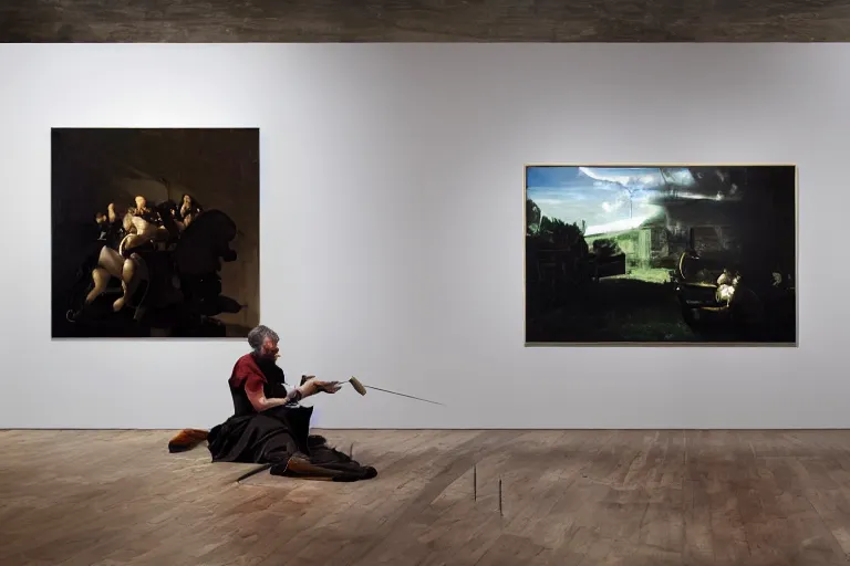 Image similar to stablediffusion sitting at an easel painting a portrait of midjourney, masterpiece, dramatic lighting, painting by caravaggio and ruan jia and daytoner