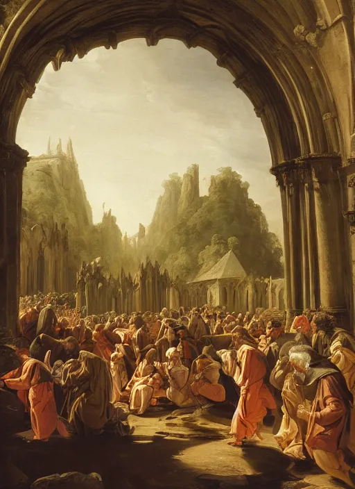 Image similar to elisabeth louise vigee - le brun painting of large crowd of medieval monks gathered at giant gothic ruins cathedral and raising a magical glowing spirit, old master painting with stunning lighting and details photoreal dusk sun lit light,