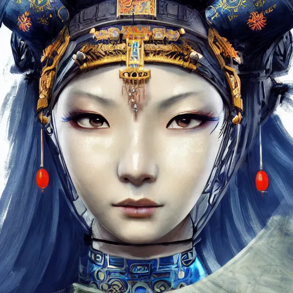 Image similar to ancient chinese princess with steampunk mask, dynasty warriors, divine, unreal engine, 8 k, blue color scheme, headshot, highly detailed, smooth, ink painting, artstation, concept art, in style of yoji shinkawa, pan ren wei, col price, atey ghailan, by greg rutkowski, aesthetic