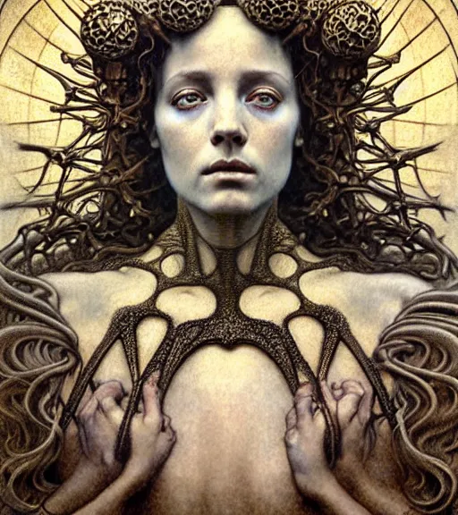 Image similar to detailed realistic beautiful young medieval queen of mars face portrait by jean delville, gustave dore and marco mazzoni, art nouveau, symbolist, visionary, gothic, pre - raphaelite. horizontal symmetry by zdzisław beksinski, iris van herpen, raymond swanland and alphonse mucha. highly detailed, hyper - real, beautiful