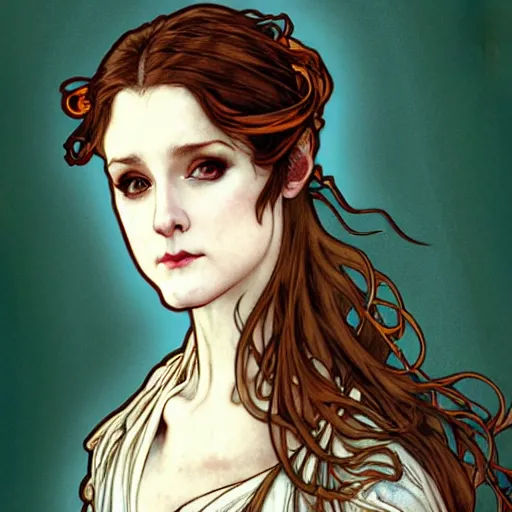 Image similar to in the style of artgerm, arthur rackham, alphonse mucha, evan rachel wood, symmetrical eyes, symmetrical face, flowing white dress, hair blowing, single face, warm colors