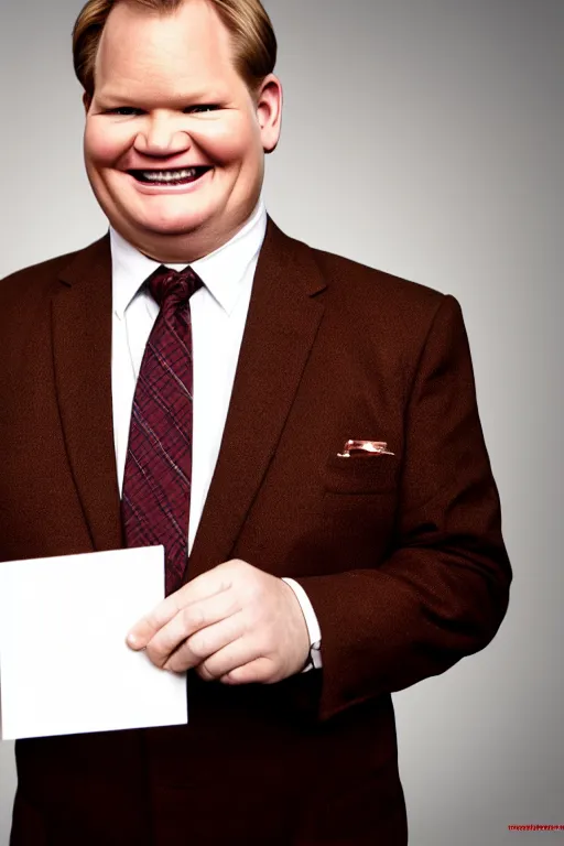 Image similar to andy richter wearing a brown suit and necktie, ultra hd photo, 3 5 mm close up, fish eye, realistic, smiling, holding a postcard from chicago