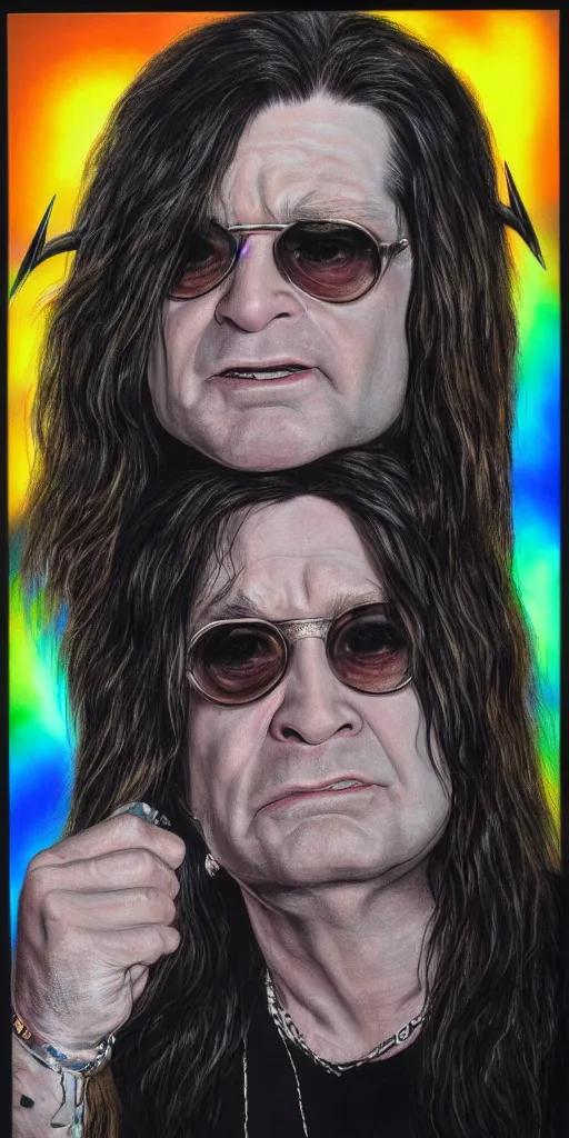 Prompt: detailed portrait of Ozzy Osbourne, neon light, hyper realistic, with horns on his head