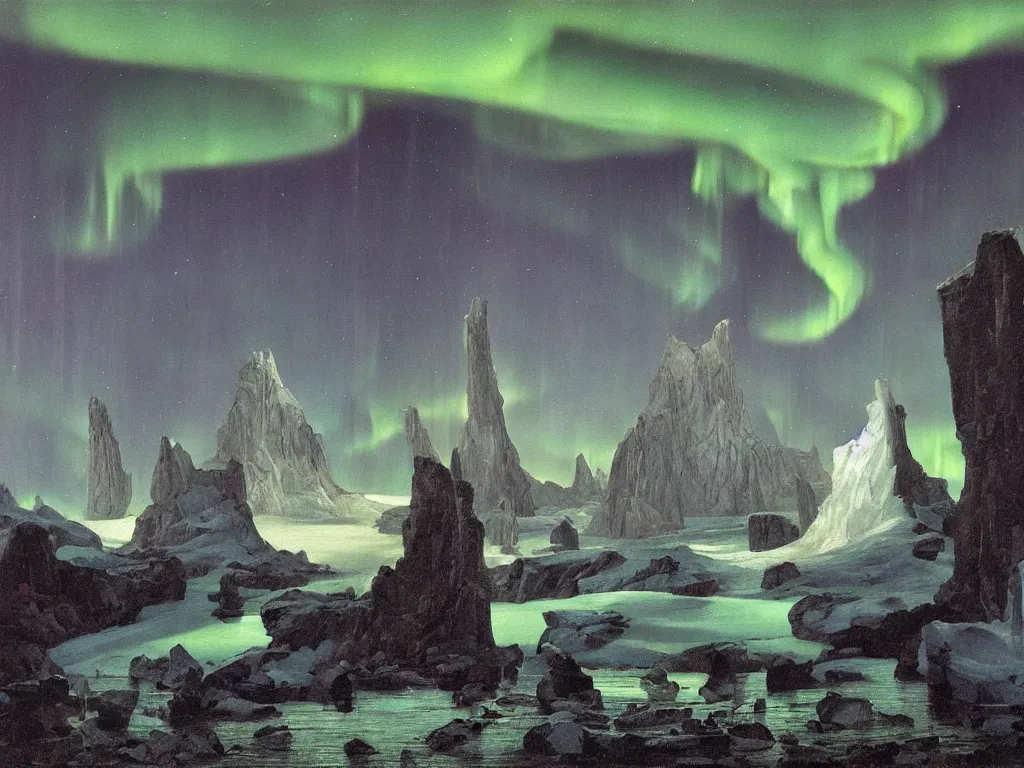 Image similar to Overflowing of the iceberg fungal city. Aurora Borealis. Painting by Walton Ford, Lucas Cranach, Caspar David Friedrich.