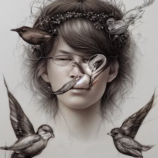 Image similar to an intricate detailed women without eyes portrait with birds by marco mazzoni