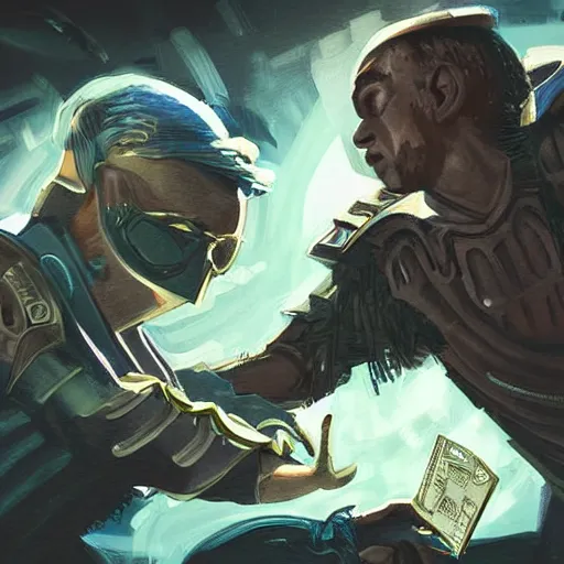 Prompt: Closeup shot of scifi money being handed from one person to another, magic the gathering, digital painting, card game illustration