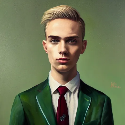 Prompt: A beautiful painting of a young man, blonde, wearing a suit, oil painting, green eyes, gloomy lighting, hyper detailed, trending on artstation