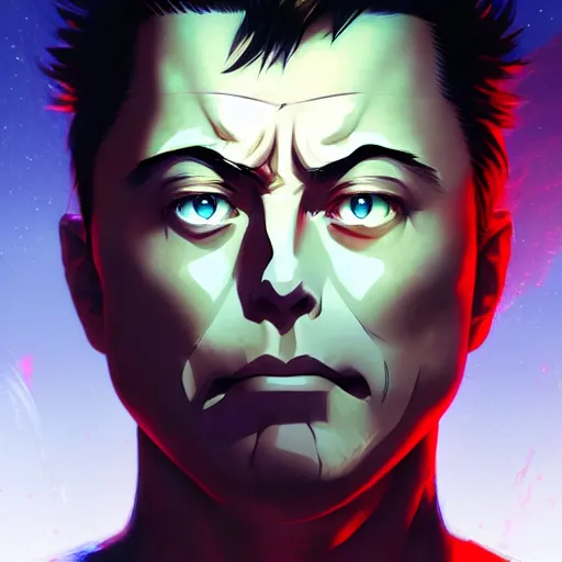 Image similar to anime portrait of evil elon musk on drugs as an anime antagonist by Stanley Artgerm Lau, WLOP, Rossdraws, James Jean, Andrei Riabovitchev, Marc Simonetti, and Sakimichan, trending on artstation