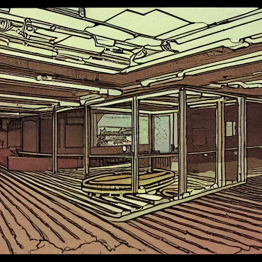 Image similar to an illustration of a brown basement by moebius