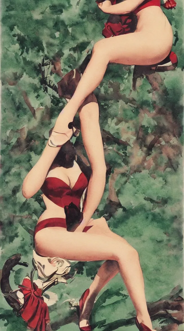 Image similar to full body pin up post war dressing a military unioform,with a park in the back ground, water color, Gil Elvgren style