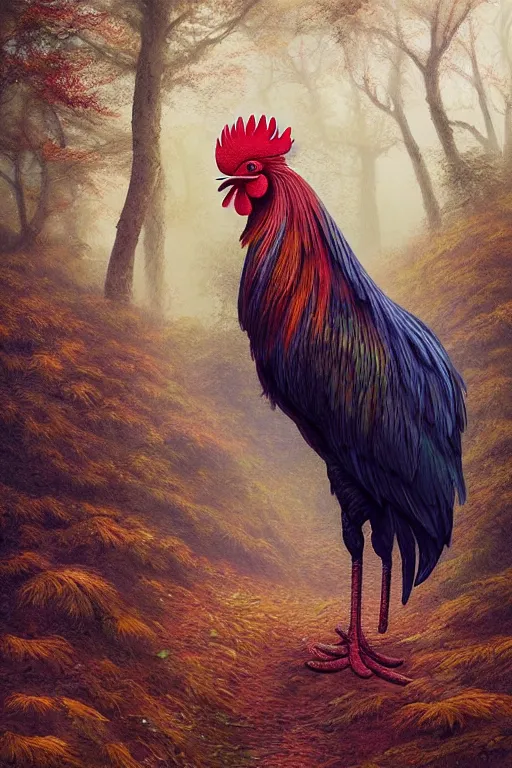 Image similar to a beautiful rooster in a forest, inspired by thomas eakes & greg rutkowski & xiang duan, perfect symmetry, magic realism, post - processing, extremely hyper - detailed, intricate, soft - lighting, lifelike attributes, masterpiece, pastel'