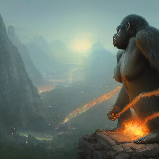 Prompt: King Kong, trending on artstation, ultra detailed, 8k, character illustration by Greg Rutkowski, Thomas Kinkade.