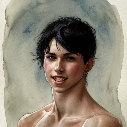 Prompt: young boy, black hair, confident smile, muscular, gorgeous, amazing, delicate, elegant, intricate, highly detailed, watercolor, portrait, artstation, concept art, sharp focus, illustration, art by artherm and greg rutkowski and alphonse mucha