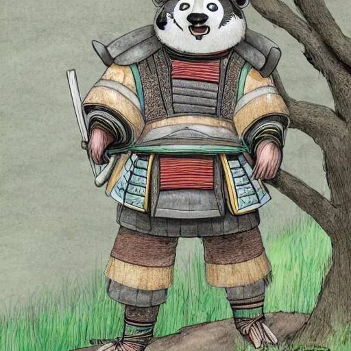 Image similar to panda bear wearing samurai armor standing in a ancient japanese village, highly detailed, ghibli style, by studio ghibli, art station, highly detailed