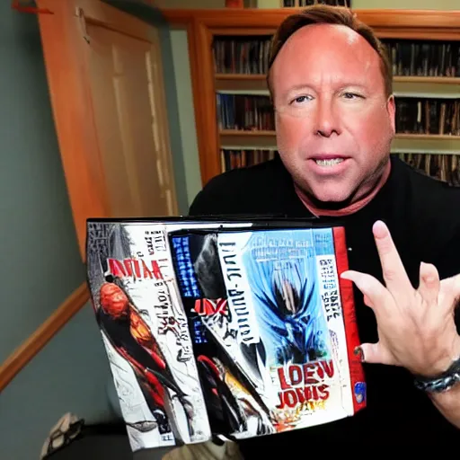 Image similar to alex jones shows off his anime collection.