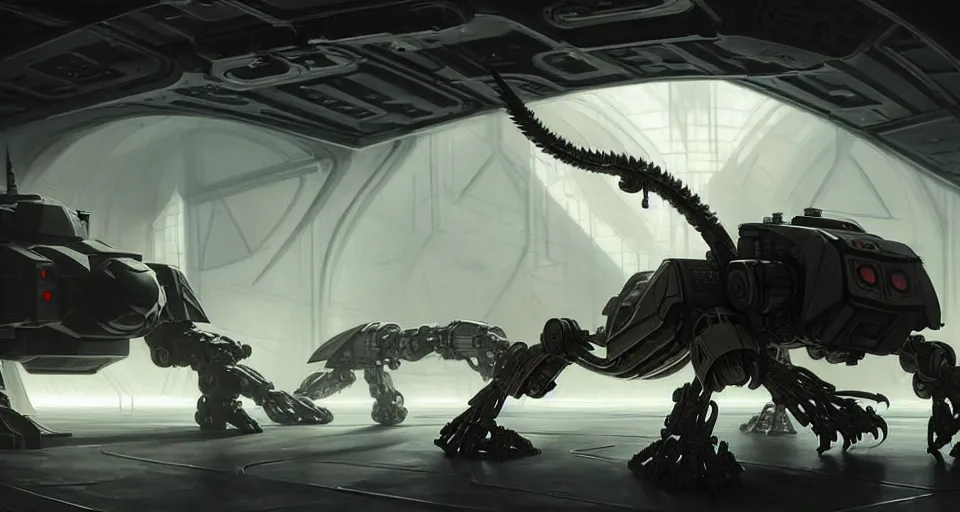 Prompt: hyper realistic sci - fi matte concept art painting of a giant scorpion mecha in a starship hanger, starship in background, beautiful details, strong composition painted by kim jung guweta studio rutkowski, james gurney and greg rutkowski, and lucasfilm, smooth, intricate, detailed, sharp focus, cinematic