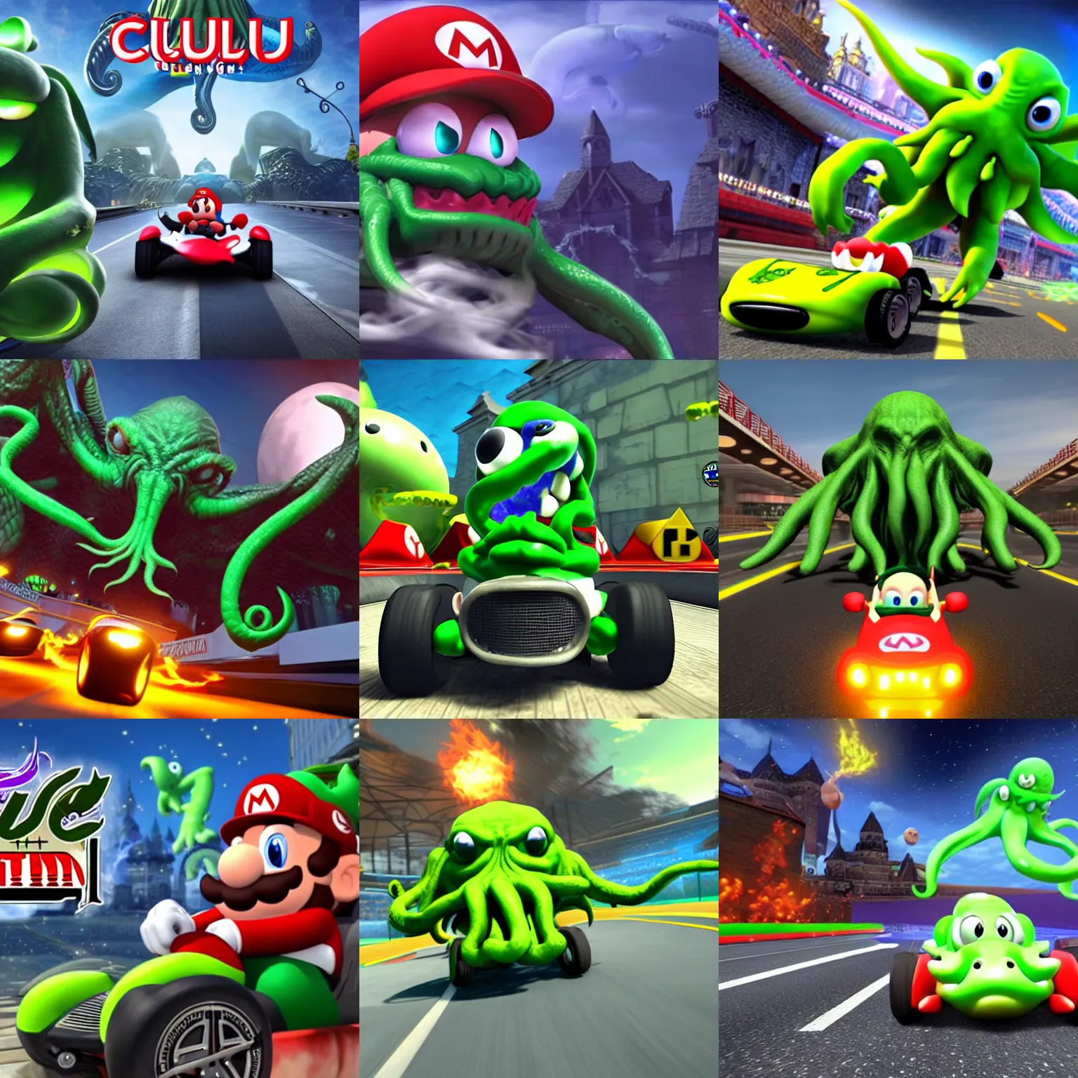 Prompt: detailed still image of cthulhu as a playable character, driving in mario kart, unreal engine, cover art