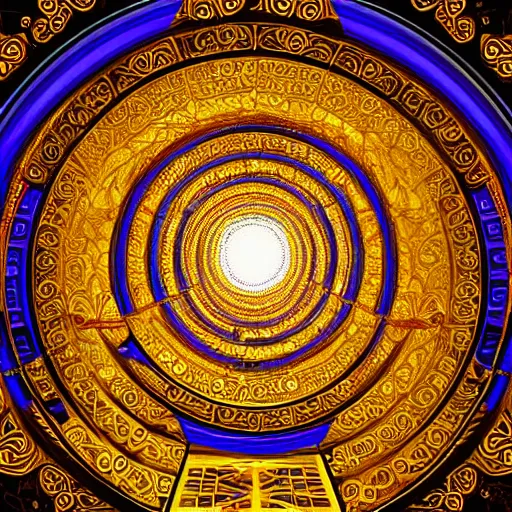 Image similar to vivid illustration of a person choosing between tunnels inside a highly intricate torus with detailed golden ornamentation and golden light, choosing between pathways