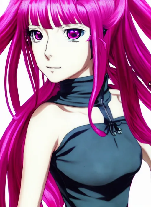 Image similar to frontal portrait of an anime girl with long pink hair wearing a 1 9 7 0's dress, shin megami tensei character art, art by kazuma kaneko, official atlus co. media, digital drawing, white background, very high quality, very highly detailed