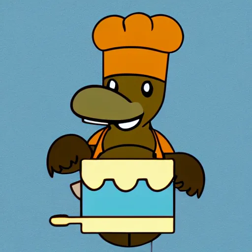 Image similar to cute platypus on a kitchen wearing a chef hat and holding a lasagna into an oven, logo style