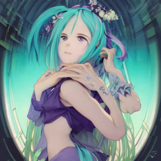 Image similar to hatsune miku eating small boy with back hair and blue purple eye, anime style, hyper detailed, illustration, digital painting, art by artgerm and greg rutkowski and alphonse mucha, high delicate defined details, anime stylized, highly detailed