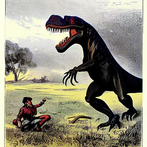 Image similar to antique lithograph from 1 9 0 0 of mr t as. tyrannosaurus rex hunting in a field