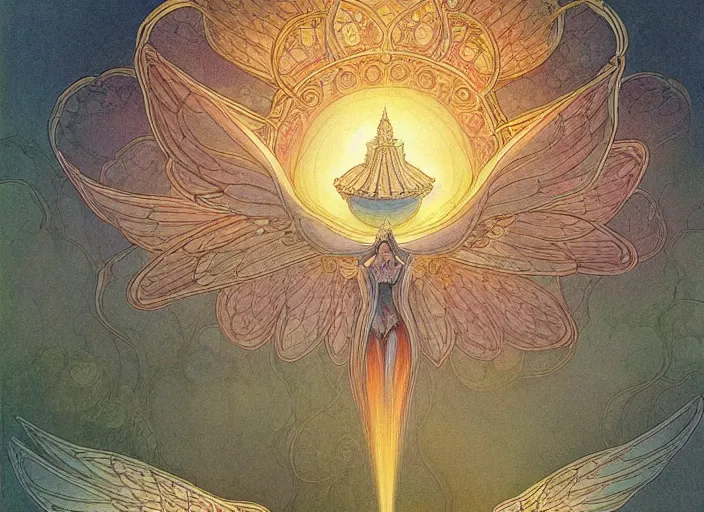 Prompt: a symmetrical! delicate mtg illustration by charles vess hundreds of radiant tiny winged seraphim flying out from a huge glowing doorway of a massive vulva!!! - shaped temple of smooth organic architecture, floating in the astral plane and constructed of house - sized crystals and with the bulb of the vestibule over the doorway made of iridescent pearl